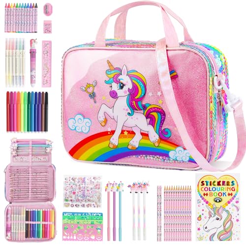 D-FantiX Einhorn Geschenke für Mädchen 4 5 6 7 8-12 Jahre, Malstifte Filzstifte Malset, Buntstifte Set Handtasche Spielzeug für Kinder, Stifte Zeichenset Geschenk Kinder von D-FantiX