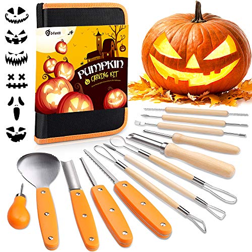 D-FantiX Halloween Kürbis Schnitzset, 13 Stück Professionelles Edelstahl DIY Kürbis Schnitzwerkzeug mit Aufbewahrungstasche und Carving-Schablonen für Kinder von D-FantiX