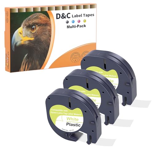 D&C 3x 91221 Etikettenband Kompatibel mit Dymo Letratag Etikettenband 12mm x 4m,Schwarz auf Weiß, Kunststoff, für Dymo Letratag IT-100H LT-100T 200B XR XM von D&C