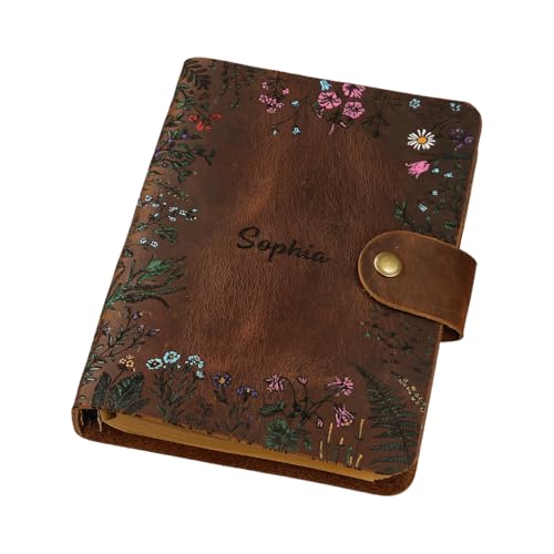 D&M leather studio A5 Leder Ringbuch, Handbemaltes Vollnarbenleder mit Blumenmuster, 6-Ring-Mechanik, 160 Seiten, 23x18.5 cm, Nachfüllbarer Organizer mit Druckknopf, Braun von D&M leather studio