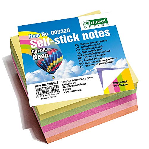 D.RECT 009328 Haftnotizwürfel Super Sticky Notes Selbstklebende Haftnotizzettel in 76x76mm 400 Blatt Neon, 1 Stück von D.RECT