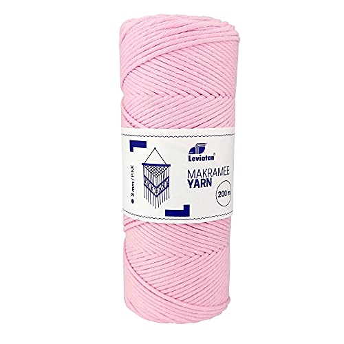 LEVIATAN 110943 Natürliches garn-200m superweiche Schnur Einfachdrehung-100% makramee Baumwolle Baumwollfadenseil für Basteln, Hochzeits-und Weihnachtsdekorationen Rosa, 3mm x 200m von Leviatan