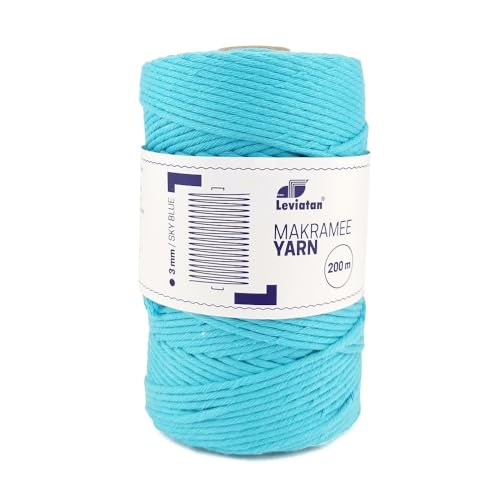 LEVIATAN - Natürliches Makramee Garn | 200m | Superweiche Schnur | 3mm Einfache Drehung | 100% Baumwolle | Perfekt für Basteln | Himmelblau von D.RECT