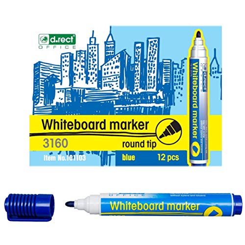 D.RECT 3160 Whiteboard Marker für Whiteboards und Flipcharts, abwischbar Glasboard Marker Rundspitze Blau 12 Stück von D.RECT