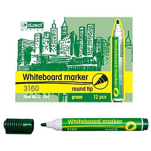 D.RECT 3160 Whiteboard Marker für Whiteboards und Flipcharts, abwischbar Glasboard Marker Rundspitze Grün 12 Stück von D.RECT