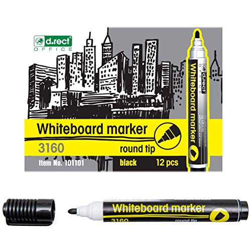 D.RECT 3160 Whiteboard Marker für Whiteboards und Flipcharts, abwischbar Glasboard Marker Rundspitze Schwarz 12 Stück von D.RECT