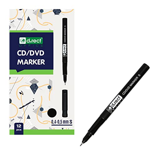 D.RECT - CD/DVD Marker Stift | Set 12 Stück | 0,4-0,5 mm | Permanentstift | Ideal für Glas, Kunststoff und Folie| Sehr Universell | Schwarz von D.RECT