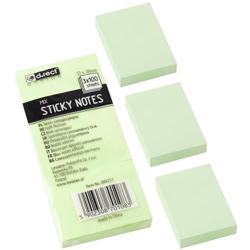 D.RECT - Haftnotizen (51x38mm) | Haftnotizzettel für Büro | Selbstklebende Notizzettel | Klebezettel | Sticky Notes | 3 Stücke x 100 Zettel | 300 Blatt | Gelb, 5902308701090 von D.RECT