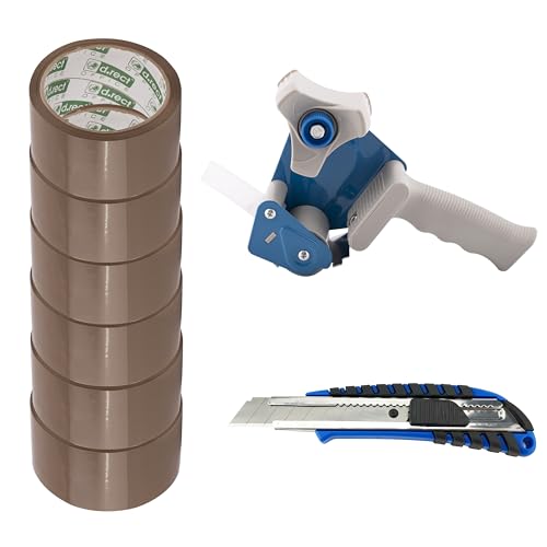 D.RECT Klebeband-Handabroller mit 6 braunen Paketklebeband-Rollen 50m x 48mm inklusive 6 Rollen Packband, Cuttermesser Klinge 18mm mit gummiertem Griff, Braun D.RECT Klebeband-Handabroller mit 6 braunen Paketklebeband-Rollen 50m x 48mm inklusive 6 Rollen Packband, Cuttermesser Klinge 18mm mit gummiertem Griff, Braun von D.RECT