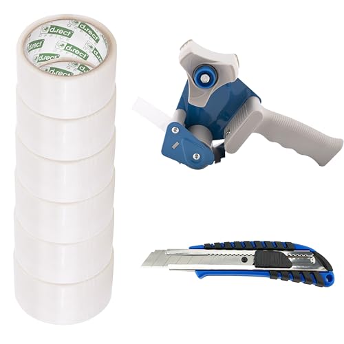 D.RECT Klebeband-Handabroller mit 6 transparenten Paketklebeband-Rollen 50m x 48mm inklusive 6 Rollen Packband, Cuttermesser Klinge 18mm mit gummiertem Griff, Transparent D.RECT Klebeband-Handabroller mit 6 transparenten Paketklebeband-Rollen 50m x 48mm inklusive 6 Rollen Packband, Cuttermesser Klinge 18mm mit gummiertem Griff, Transparent von D.RECT