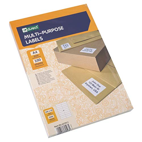 D.RECT Klebeetiketten Universal-Etiketten (105x29mm auf DIN A4) bedruckbar selbstklebend 100 Blatt/Packung 20 Etiketten/Blatt 2000 Stücke weiß von D.RECT