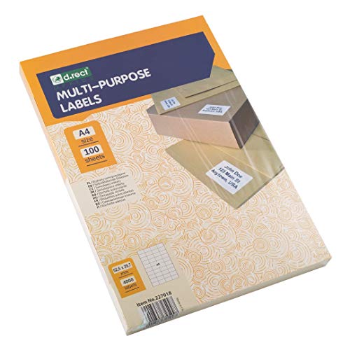 D.RECT Klebeetiketten Universal-Etiketten (52.5x29.7mm auf DIN A4) bedruckbar selbstklebend 100 Blatt/Packung 40 Etiketten/Blatt 4000 Stücke weiß von D.RECT