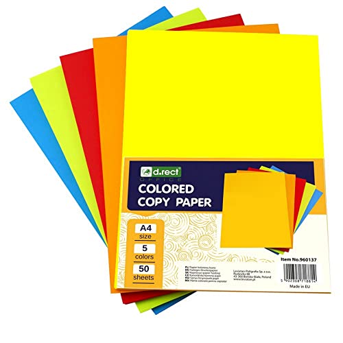 D.RECT – Kopierpapier, Tonpapier, Bunt A4, Farbiges Druckerpapier, Mix von 5 Farben, für Tintenstrahl und Laserdrucker, 5x50 A4-Blättern - 250 Blatt von D.RECT