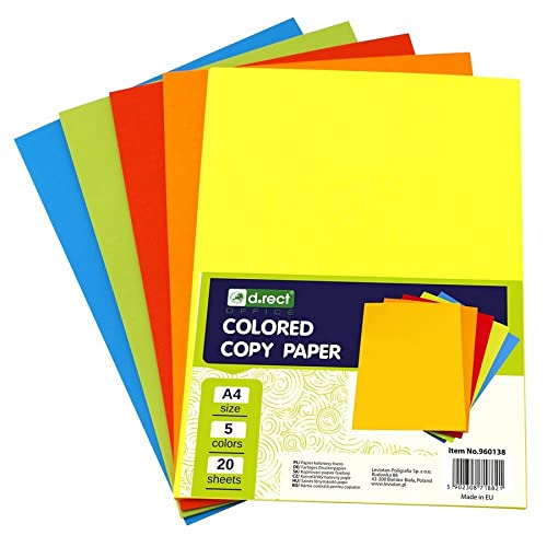D.RECT – Kopierpapier, Tonpapier, Bunt A4, Farbiges Druckerpapier, Mix von 5 Farben, für Tintenstrahl und Laserdrucker, 5x20 A4-Blättern - 100 Blatt von D.RECT