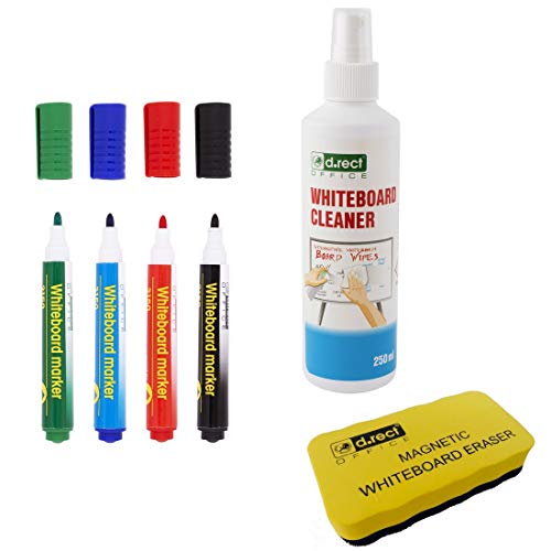 D.RECT Whiteboard Reiniger Set 4in1 - Whiteboard Reiniger Zubehör Set - 250ml Reinigungsflüssigkeit für Weißwandtafel - Whiteboard Marker Schwamm, Cleaner, Spray, Stifte von D.RECT