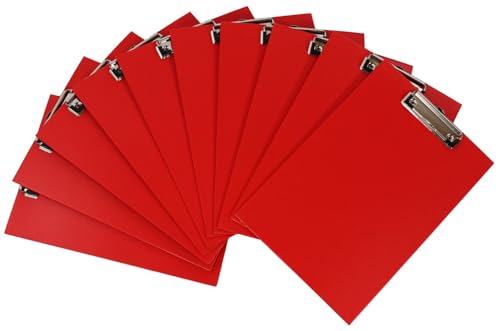 Klemmbrett/Schreibplatte/Klemmplatte A4 economy aus Graupappe, mit PVC-Folien-Überzug, mit Drahtbügelklemme, leinengeprägt, Farbe: rot - 10 Stück von D.RECT