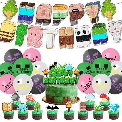 DABAOOU Gaming Pixel Geburtstag Party Dekoration, Luftballons, Cupcake Topper, Banner und Kuchen Topper Set für Videospiel Themed Fans Mädchen Jungen Party Tischdekoration Supplies von DABAOOU