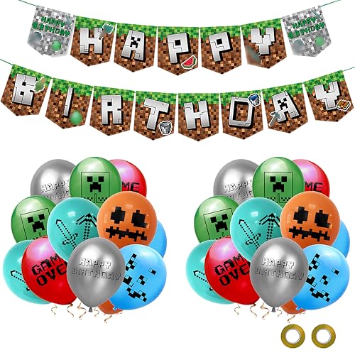 DABAOOU Gaming-Pixel-Geburtstags-Cartoon-Party-Dekoration, 1 Stück Happy Birthday-Banner, 24 Stück 30,5 cm Latex-Luftballons, Videospiel-Themen-Fans für Mädchen und Jungen, Party-Dekor-Zubehör von DABAOOU