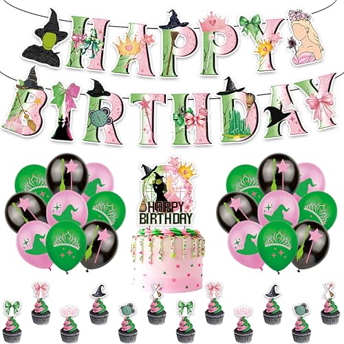 DABAOOU Grüne und rosa Partydekoration, Luftballons, Cupcake-Topper, Banner und Tortenaufsatz-Set für Hexenprinzessin Thema-Filmparty, Disco, Cosplay, Geburtstag, Tischdekor-Zubehör von DABAOOU