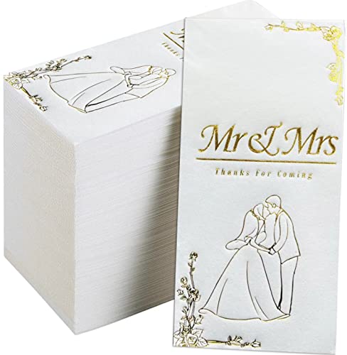 DADAWU 50 Stück Hochzeitsservietten Mr and Mrs, Goldfolie, Cocktailservietten, Getränkekuchen, Einweg-Dankes-Servietten für Hochzeit, Dusche, Jahrestag, Verlobung, Tisch, Party, Dekoration (50Count) von DADAWU