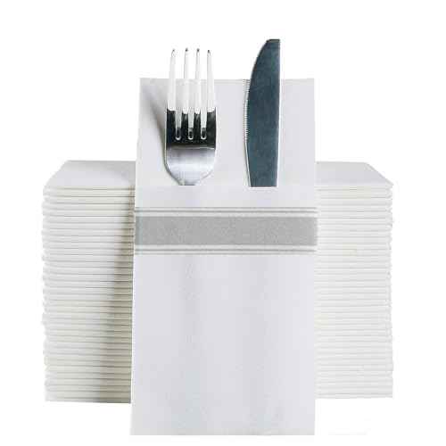 DADAWU Einweg-Servietten, Stoff, wie mit integrierter Bestecktasche, Hochzeit, Party, Leinengefühl, weiße Serviette, vorgefaltet für Besteck (Silber,50Stück) von DADAWU