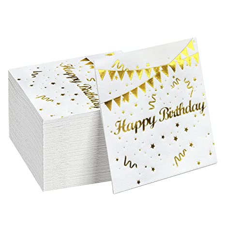 DADAWU Goldene Geburtstags-Papierservietten, 50 Stück, quadratische Party-Getränke-Cocktail-Servietten mit Goldfolien,perfekt für Erwachsene und Kinder,Geburtstagsparty,Feier,Dekoration von DADAWU