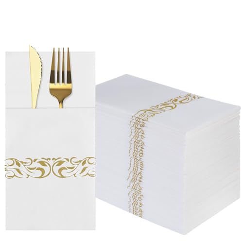 DADAWU Weiße Dinner-Servietten, Tischservietten, Leinen-Haptik, Einweg-Servietten mit integrierter Bestecktasche, goldene Papierservietten für Party, Hochzeit, 50 Stück DADAWU Weiße Dinner-Servietten, Tischservietten, Leinen-Haptik, Einweg-Servietten mit integrierter Bestecktasche, goldene Papierservietten für Party, Hochzeit, 50 Stück von DADAWU