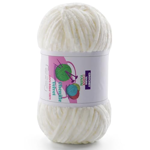 1 Knäuel weiches grobes Chenille-Garn, Plüschsamt zum Handstricken und Häkeln, flauschige Garne zum Häkeln von Decken, Schals, Hüten (100 g, 130 m) (Cremeweiß) von DAERBOF
