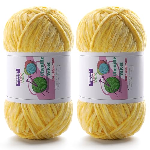 2 Chunky Chenille-Plüschgarn, flauschiger Samt zum Häkeln, weiche, dicke, sperrige Garne zum Stricken und Herstellen von Kleidung, Mützen, Schals, Decken, Kissen (100 g, je 196,8 m) (Hellgelb) von DAERBOF