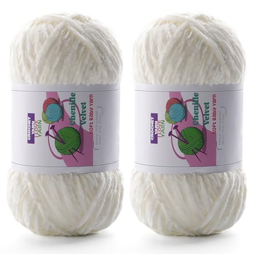 2 Chunky Chenille-Plüschgarn, flauschiger Samt zum Häkeln, weiche, dicke, sperrige Garne zum Stricken und Herstellen von Kleidung, Mützen, Schals, Decken, Kissen (je 100 g, 196 m) (Cremeweiß) von DAERBOF