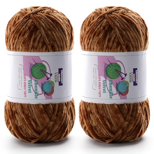 2 dicke Plüsch-Chenille-Garne, flauschiger Samt zum Häkeln, weiche, dicke, sperrige Garne zum Stricken und Herstellen von Kleidung, Mützen, Schals, Decken, Kissen (je 100 g) (dunkelbraun) von DAERBOF