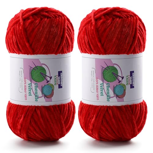 2 dicke Plüsch-Chenille-Garne, flauschiger Samt zum Häkeln, weiche, dicke, sperrige Garne zum Stricken und Herstellen von Kleidung, Mützen, Schals, Decken, Kissen (je 99 g, 196,8 m) (Big Red) von DAERBOF