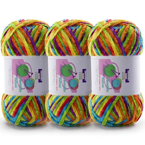 3 Knäuel flauschiges grobes Garn, Chenille, grob zum Häkeln und Handstricken, weiche, dicke, sperrige Garne für die Herstellung von Decken, Schals, Hüten (3 x 3,142 g, 3 x 130 m) (Regenbogenfarbe) von DAERBOF
