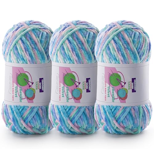 3 Knäuel flauschiges grobes Garn, Chenille zum Häkeln und Handstricken, weiche, dicke, sperrige Garne für die Herstellung von Decken, Schals, Hüten (3 x 3,142 g, 3 x 130 m) (Macaron) von DAERBOF