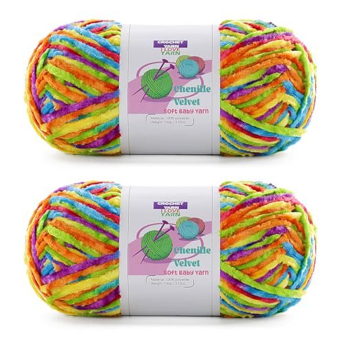 Weiches Chenille-Garn, 2 Knäuel, Plüschsamt zum Handstricken und Häkeln, flauschige Garne zum Häkeln von Decken, Schals, Hüten (2 x 3,14 g, 2 x 130 m) (Regenbogenfarbe) von DAERBOF