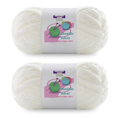 Weiches Chenille-Garn, 2 Knäuel, Plüschsamt zum Handstricken und Häkeln, flauschige Garne zum Häkeln von Decken, Schals, Hüten (2 x 3,142 g, 2 x 130 m, Cremeweiß) von DAERBOF