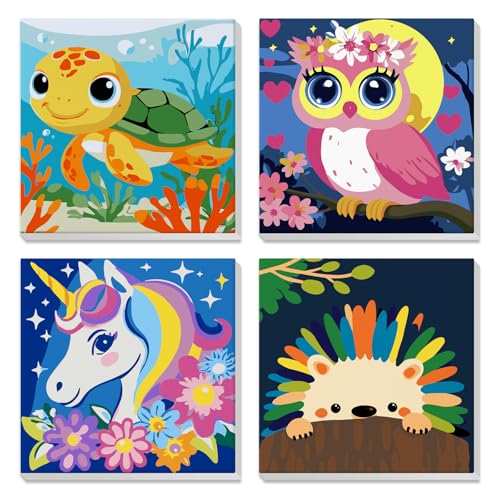 4 Stück Malen Nach Zahlen mit Rahmen, Süße Schildkröte, Eule, Regenbogeneinhorn, Cartoon Igel, Malen Nach Zahlen für Kinder ab 7 5 10, Pinsel und Acrylfarben, Geschenk Mädchen 9 Jahre, 20x20 cm von DAERLE