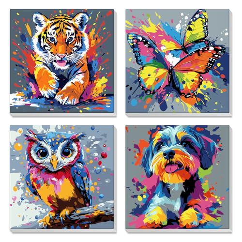 DAERLE 4 Stück Malen Nach Zahlen mit Rahmen, Bunter Tiger, Regenbogenschmetterling, Eule, Hund, Malen Nach Zahlen für Kinder ab 7 5 10, Pinsel und Acrylfarben, Geschenk Mädchen 9 Jahre, 20x20 cm Tier von DAERLE