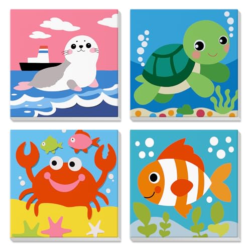DAERLE 4 Stück Malen Nach Zahlen mit Rahmen, Süße Robbe, Schildkröte, Lustige Krabbe, Fisch, Malen Nach Zahlen für Kinder ab 7 5 10, Pinsel und Acrylfarben, Geschenk Mädchen 9 Jahre, 20x20 cm von DAERLE