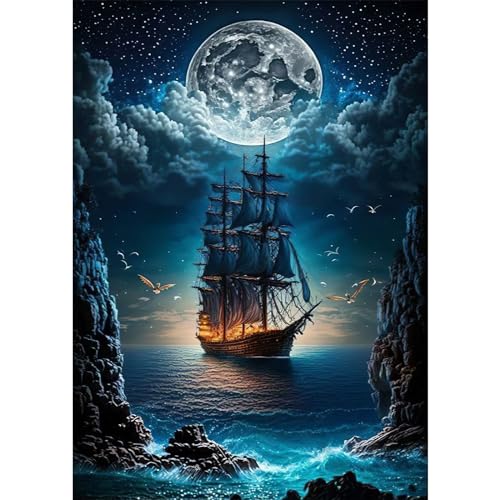 DAERLE 5D Diamant Painting Bilder Schiff Mond, Diamond Painting Landschaft, Diamond Painting Set für Erwachsene Mosaikherstellung, Diamant Malerei für Haus Dekoration 30x40cm DAERLE 5D Diamant Painting Bilder Schiff Mond, Diamond Painting Landschaft, Diamond Painting Set für Erwachsene Mosaikherstellung, Diamant Malerei für Haus Dekoration 30x40cm von DAERLE