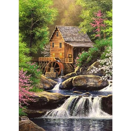 DAERLE 5D Diamond Painting Wasserfall, Diamant Painting Bilder Landschaften, Diamond Art Erwachsene Full DIY Diamant Wasserrad Kabine Kunst Malerei Stickerei Set Kreuzstich Home Wand Dekor 30x40cm von DAERLE