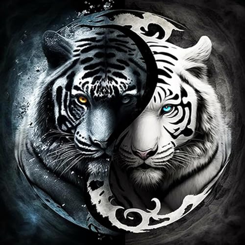 DAERLE DIY Diamond Painting Weißer und schwarzer Tiger, 5D Diamant Painting Bilder Tier, Diamant Malerei Cross Stitch Stickerei Kunsthandwerk Set für Erwachsene, Wanddekorationen für Zuhause 30x30cm von DAERLE