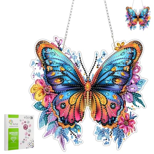 DAERLE Diamond Painting Anhänger, Blumenschmetterling, Diamond Paintings Fensterdeko Hängend für Erwachsene, Aquarell Schmetterlinge, Diamant Painting Fensterbilder mit Kette für Eingang Decor von DAERLE