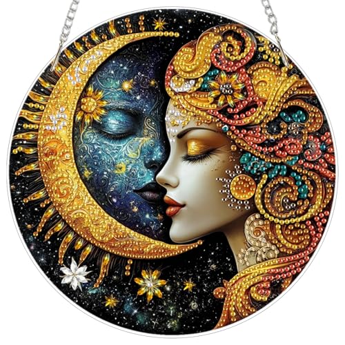 DAERLE Diamond Painting Anhänger, Geheimnisvolle Sonne und Mond, Diamond Paintings Fensterdeko Hängend für Erwachsene, Diamant Painting Fensterbilder mit Kette für Fenster Wand und Eingang Decor von DAERLE