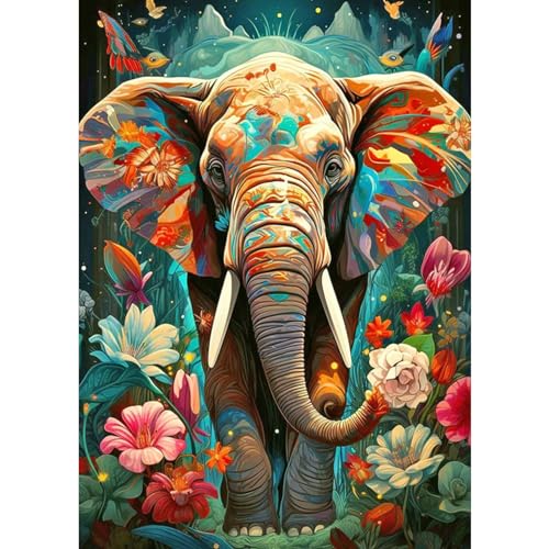 DAERLE Diamond Painting Bunter Elefant, Diamond Painting Zubehör, 5D Diamond Painting Erwachsene, Diamond Painting Set Blümchen Elefant Full Drill Geschenk für Home Wall Décor 30x40cm von DAERLE