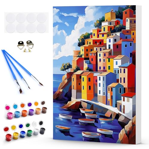 DAERLE Malen Nach Zahlen Erwachsene mit Rahmen, Farbenfrohe Gebäude, Paint by Numbers Boote, DIY Handgemalt Ölgemälde Kit mit Pinseln und Acrylfarben Ölgemälde Leinwand für Home Decor 20x30cm von DAERLE