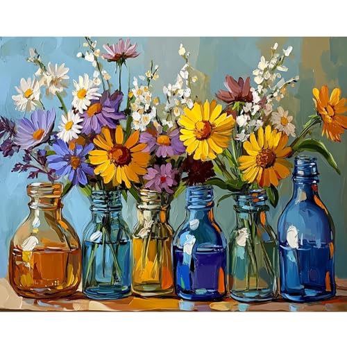 DAERLE Malen nach Zahlen Erwachsene, Bunte Wildblumen und Vasen, Malen nach Zahlen, DIY Handgemalt Ölgemälde Kit Paint by Numbers Adult Mit 3 Pinseln und Acrylfarbe Kit 40x30cm (Ohne Rahmen) von DAERLE