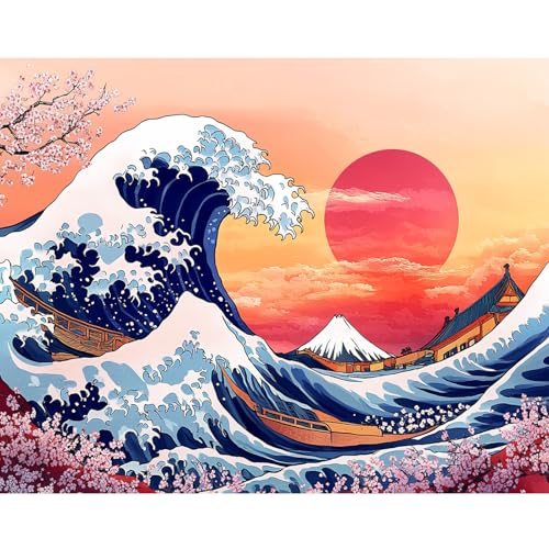 DAERLE Malen nach Zahlen Erwachsene, Die Große Welle, Malen nach Zahlen Kirschblüten, DIY Handgemalt Ölgemälde Kit Paint by Numbers Adult Mit 3 Pinseln und Acrylfarbe Kit 40x30cm (Ohne Rahmen) von DAERLE