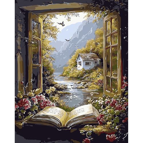 DAERLE Malen nach Zahlen Erwachsene, Fensterbankblumen Buch, Malen nach Zahlen Landschaft, DIY Handgemalt Ölgemälde Kit Paint by Numbers Adult Mit 3 Pinseln und Acrylfarbe Kit 30x40cm (Ohne Rahmen) von DAERLE