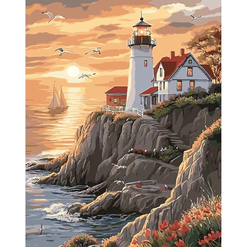 DAERLE Malen nach Zahlen Erwachsene, Leuchtturm an der Küste, Malen nach Zahlen Häuser und blühende Blumen, DIY Handgemalt Ölgemälde Kit Paint by Numbers Adult Kit 30x40cm (Ohne Rahmen) von DAERLE